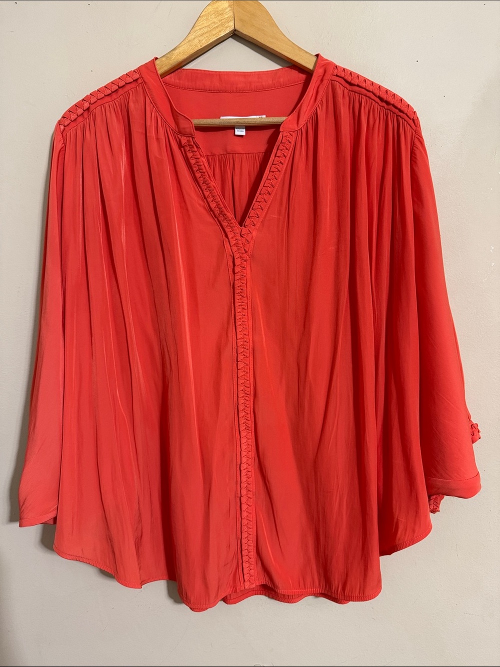 Chico's Orange Flowy Blouse Batwing Sleeve V-Neck Braided Detail Women's 14 Boho